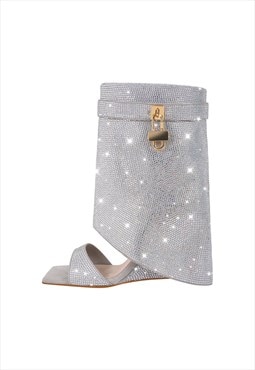 Square Toe Rhinestone Wedge High Heel Boots Sandals