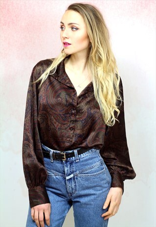 1980S VINTAGE RICH BROWN PAISLEY PURE SILK BLOUSE