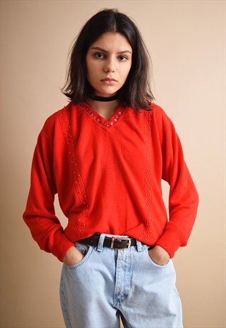 80'S RETRO RED SEQUIN & BEADS DETAILED MOM KNITTED JUMPER