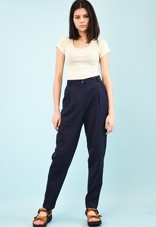 90'S RETRO BETTY BARCLAY NAVY BLUE TAPERED TROUSERS