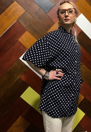 90'S LADIES CLASSIC SHORT SLEEVED, NAVY BLUE POLKA DOT SHIRT