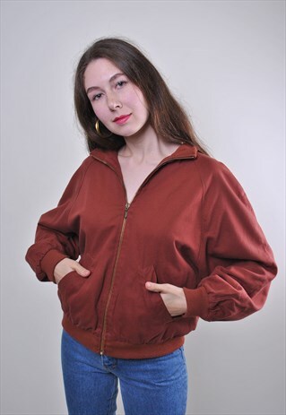 VINTAGE WOMAN BROWN MINIMALIST AUTUMN BOMBER JACKET