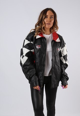 VINTAGE LEATHER BOMBER JACKET OVERSIZED RACING UK 16 XL (M3S