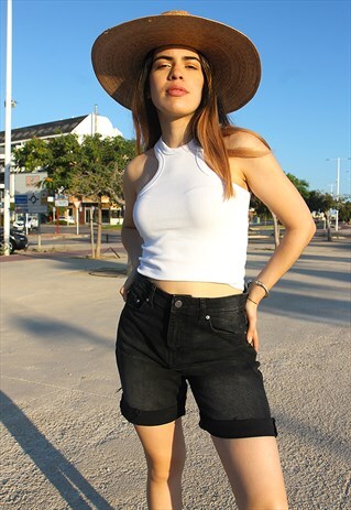 FADED BLACK DENIM LONG LEG CITY SHORTS