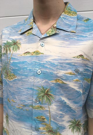 MENS VINTAGE 90S SHIRT BLUE PATTERNED TOP HAWAIIAN SHIRT