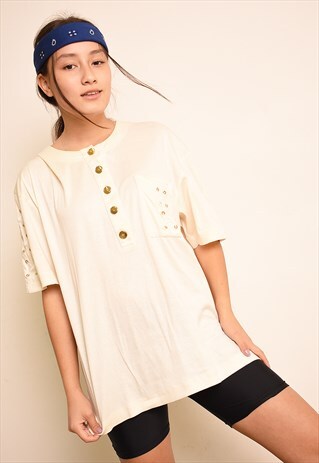 VINTAGE 90'S RETRO OVERSIZED JERSEY TOP T-SHIRT IN CREAM