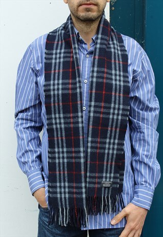 VINTAGE SCARF CASHMERE 90S NOVA CHECKED-NAVY