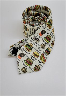 Hamburger French Fries Pattern Ties in White color