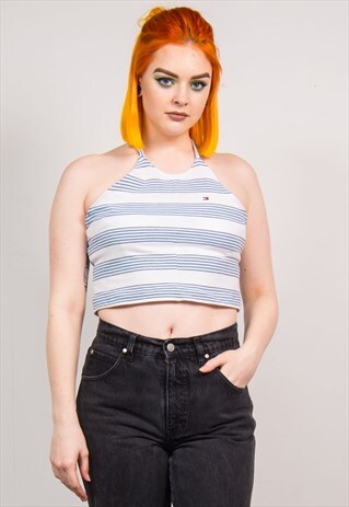TOMMY HILFIGER VINTAGE 90'S BLUE STRIPED HALTERNECK CROP TOP