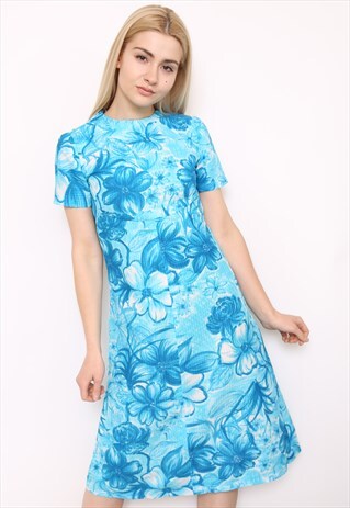 VINTAGE 60S BLUE FLORAL PRINT MIDI DRESS