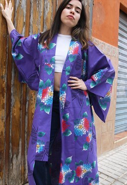 Purple Floral Print Full Length Kimono Jacket