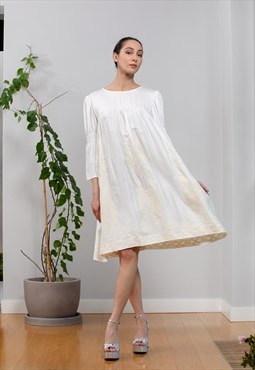 White Midi Boho Dress in Soft Viscose and Bell Sleeves