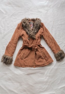 vintage y2k Pennylane Afghan corduroy Fur Trim Coat