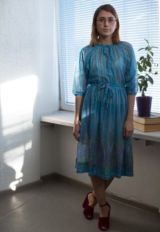 VINTAGE 90'S BLUE FLOWER PATTERNED DRESS
