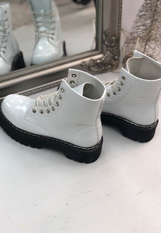 WHITE PATENT CHUNKY LACE UP BIKER BOOTS
