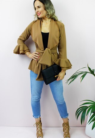 CAMEL RUFFLE FRILL SLEEVE SHORT WATERFALL DUSTER COAT JACKET