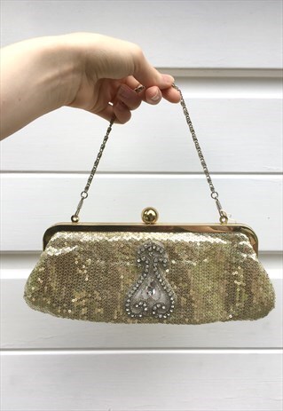 WOMENS VINTAGE STYLE GOLD SEQUIN SPARKLY EVENING PURSE BAG