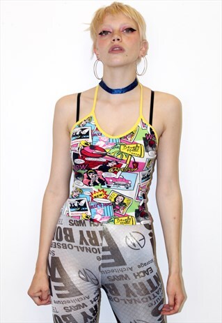 90S VINTAGE CARTOON PRINT COMIC BOOK HALTER-NECK CROP TOP