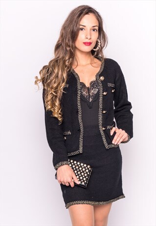 JACKET & SKIRT CO-ORD IN BLACK TWEED EFFECT