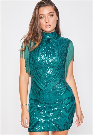 KYLIE VIP GREEN TASSEL FRINGE SEQUIN PARTY ILLUSION DRESS
