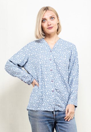 Vintage 90s Ditsy Pattern Long Sleeve Shirt in Blue