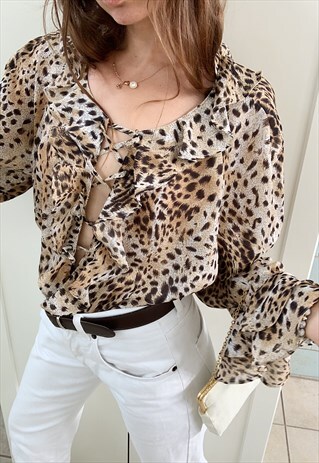 VINTAGE Y2K 00S ANIMAL LEOPARD PRINT SHEER RUFFLE BLOUSE TOP