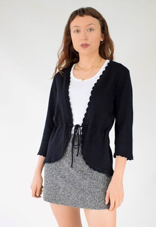 VINTAGE 90S 70S SCALLOPED HEM WAIST TIE BELT CARDIGAN TOP