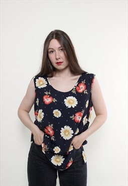 Vintage 90s flowers top, floral tank top, blue hippie top