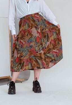Vintage 80s Artsy Floral High Waist Pullover Midi Skirt In M