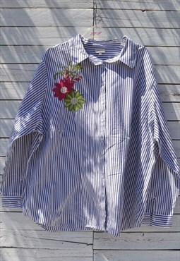 Vintage white/blue striped embroydered flowers cotton shirt