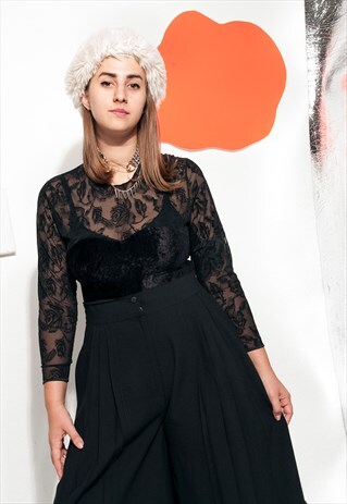 LACE BODYSUIT 90S VINTAGE SHEER VELVET LEOTARD IN BLACK