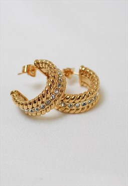 18k Gold Plated Rhinestone Twist Hoop Earrings