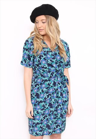 VINTAGE 90S GREEN FLORAL WRAP MINI DRESS