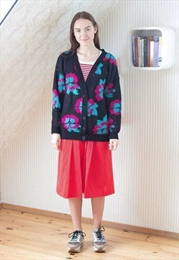 Black knitted floral vintage wool cardigan