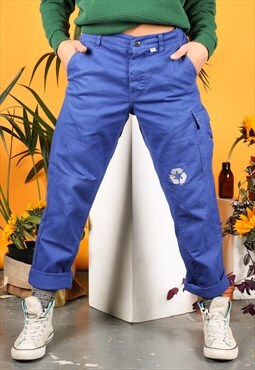 Vintage Reworked Worker Trousers in Blue Embroidery Patches