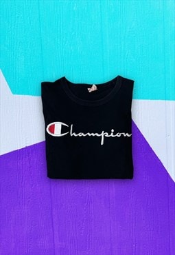 Vintage Black Champion Embroidered Spell Out T Shirt