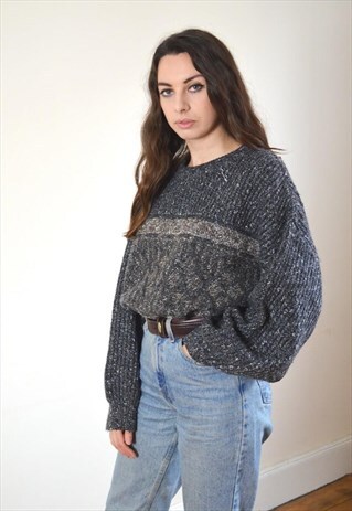 80S VINTAGE GREY FLECKED OVERSIZED KNIT JUMPER