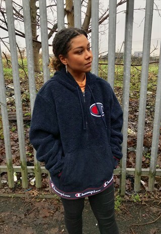 VINTAGE CHAMPION SPELLOUT STRIP LOGO HALF ZIP FLEECE JACKET