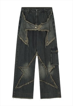 Reworked jeans grunge ripped denim pants in vintage green