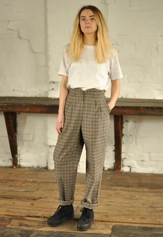 VINTAGE HIGH WAISTED CHECKED TROUSERS