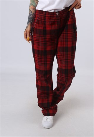 HIGH WAISTED TROUSERS CHECKED TARTAN WIDE UK 16 - 18 (O4L)