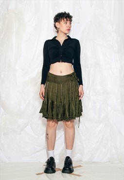 Vintage Y2K Silk Skirt in Khaki Green