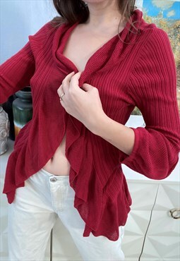 Vintage 90s Ruffle Open front cardigan jumper oversiwm red