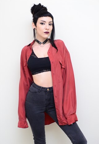 VINTAGE 90'S GENUINE SILK CRIMSON RED OVERSIZED SHIRT
