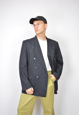 Vintage black striped classic 80's wool suit blazer
