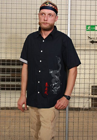 VINTAGE 90' COOL KITSCH CHINESE DRAGON NAVY BLUE SHIRT