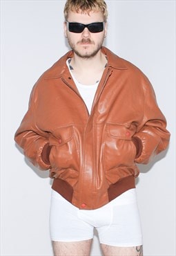 Vintage 90s faux leather bomber jacket in fire orange