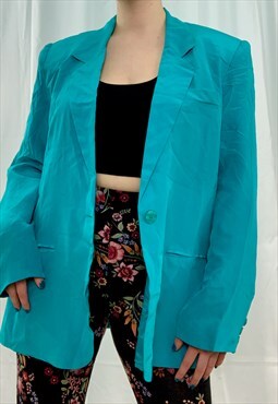 Vintage 90s turquoise shiny blazer with shoulder pads