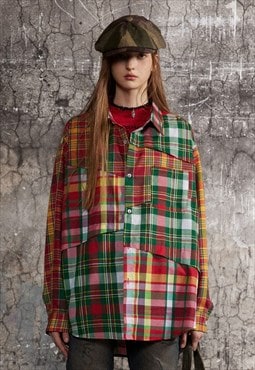 Check shirt color block plaid blouse lumberjack top in red