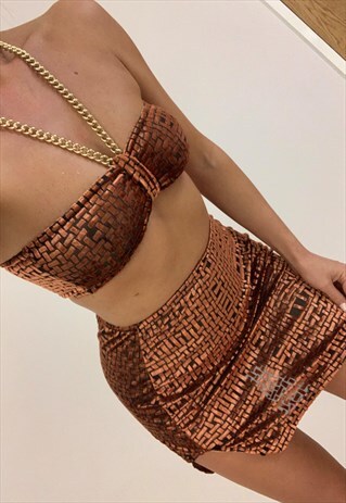CHAIN BANDEAU & SKIRT IN RUST VELVET DEVORE